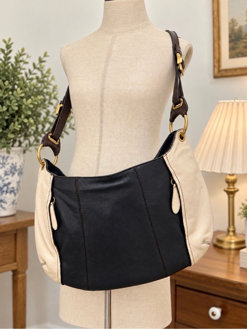 orYANY Victoria Two-Tone Leather Slouchy Hobo Crossbody Bag Black & Cream